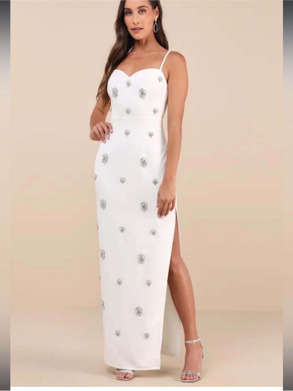 White Embellished Spaghetti-Strap Evening Gown - Picture 2 of 15